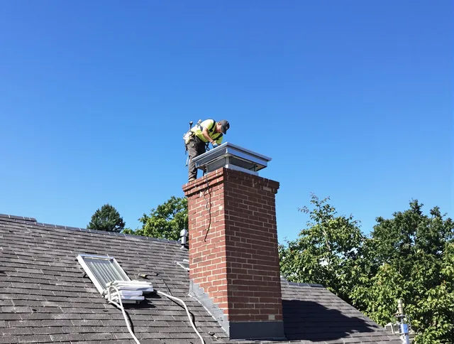 Grove City Chimney Sweep technician measuring a chimney cap in Grove City, OH