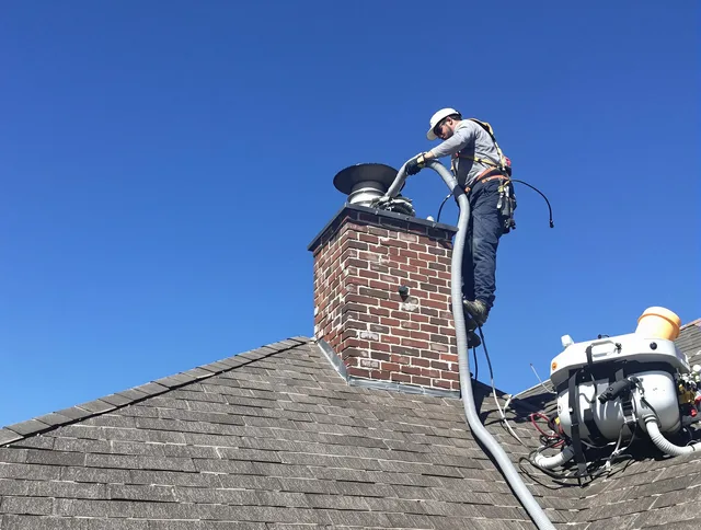 Dedicated Grove City Chimney Sweep team member cleaning a chimney in Grove City, OH